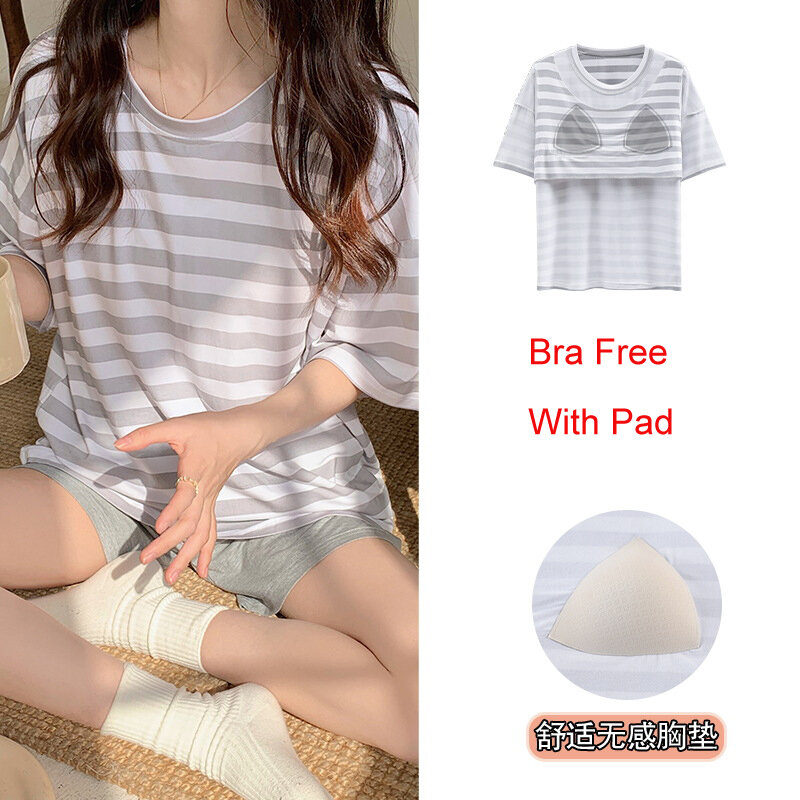 Ladies Wear Home Pajamas Set Modal Nightwear with Bra Pad Women's Pijama Korean Fashion Sleepwear with Bra Pad Loungewear