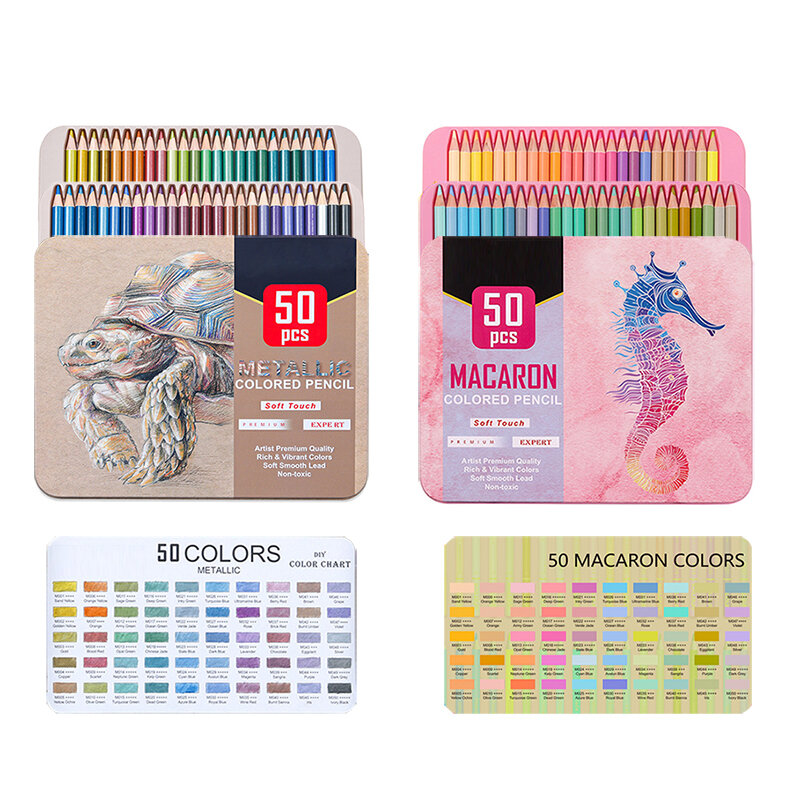 Kalour 50 pçs metálico & macaron lápis coloridos ferro caixa de presente macio desenho lápis conjunto para o artista de natal coloração arte suprimentos