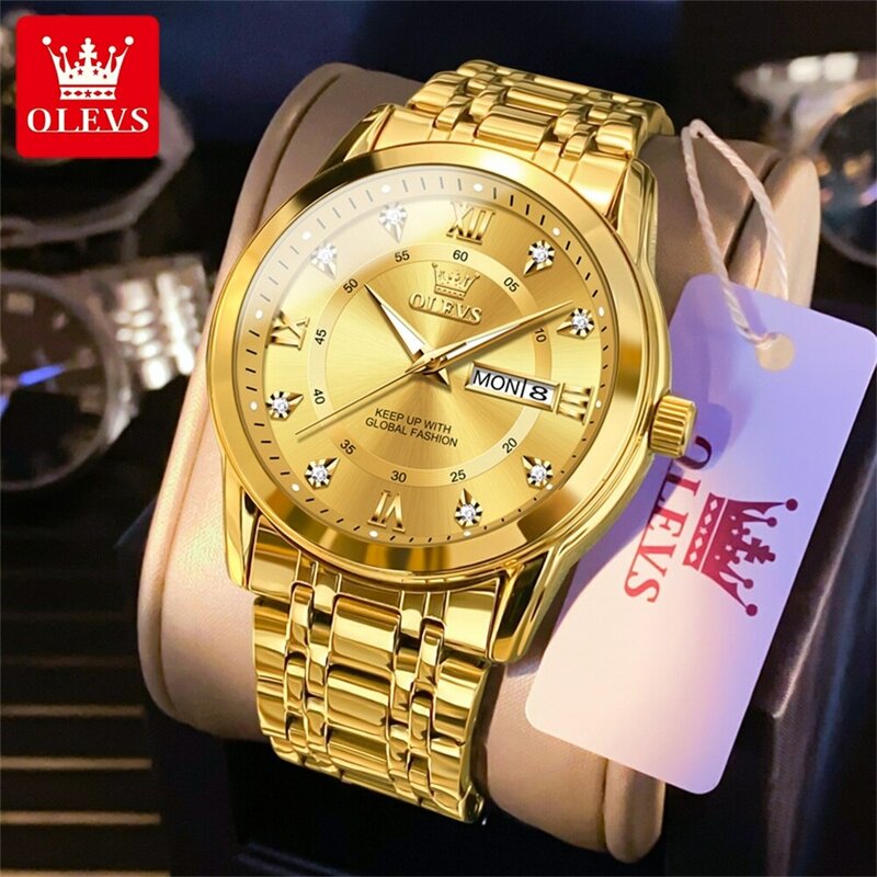 Olevs Quartz Horloge Voor Heren Luxe Diamanten Gouden Horloge Waterdicht Lichtgevend Rvs Business Heren Quartz Horloge Heren Horloge