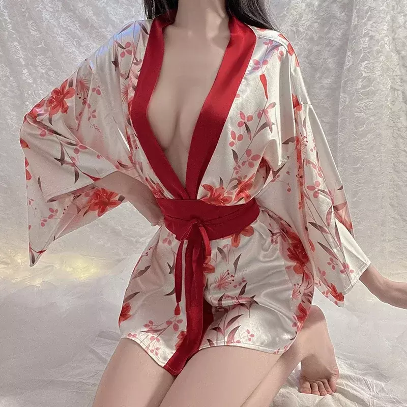 Sexy Costume Women Printed Temptation Short Cardigan Kimono Costume Sexy Japanese Strap Bed Uniform Set