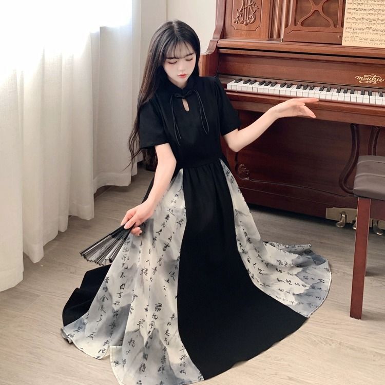 Modern Chinese Style New Chinese Ink Painting Splicing Mid Length Vintage Dress Oversized Elegant Chinese-traditional-dress