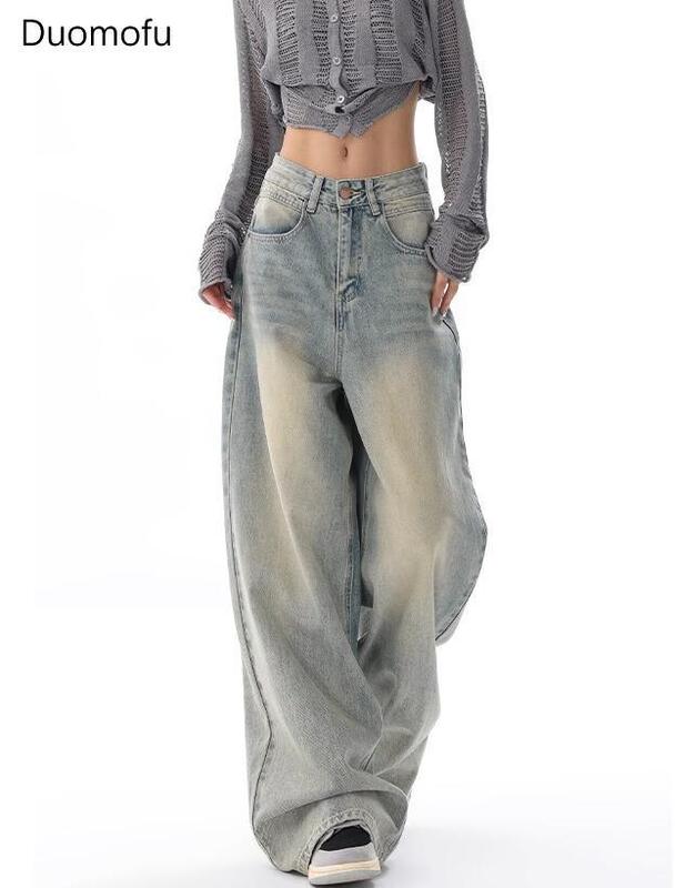 Duomofu กางเกงยีนส์สำหรับผู้หญิง, กางเกงยีนส์ลำลองทรงหลวมเรียบง่ายคลาสสิกอเมริกันแฟชั่นเอวสูงผอมเพรียว S-XL ฤดูใบไม้ร่วง
