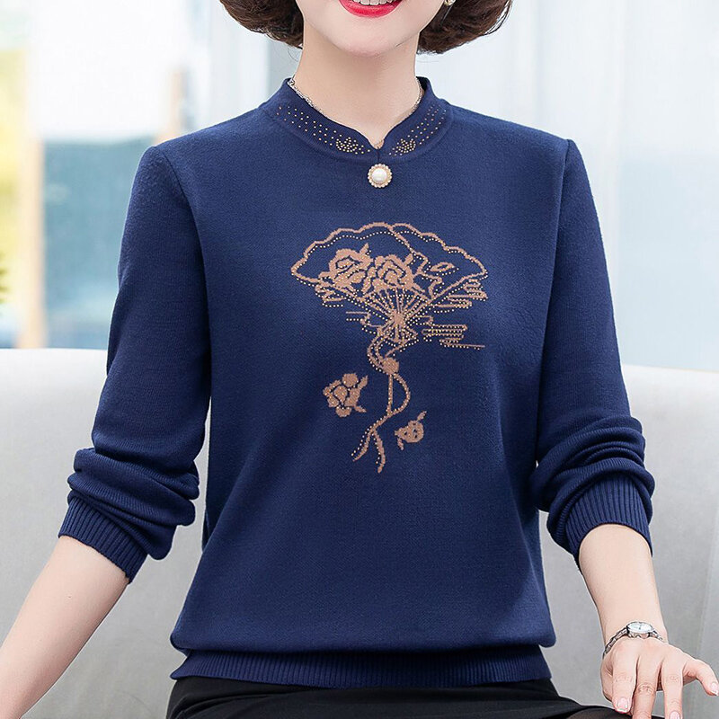 Elegant Stand Collar Knitted Beading Diamonds Sweaters Women's Clothing 2023 Winter Loose Commute Pullovers All-match Warm Tops