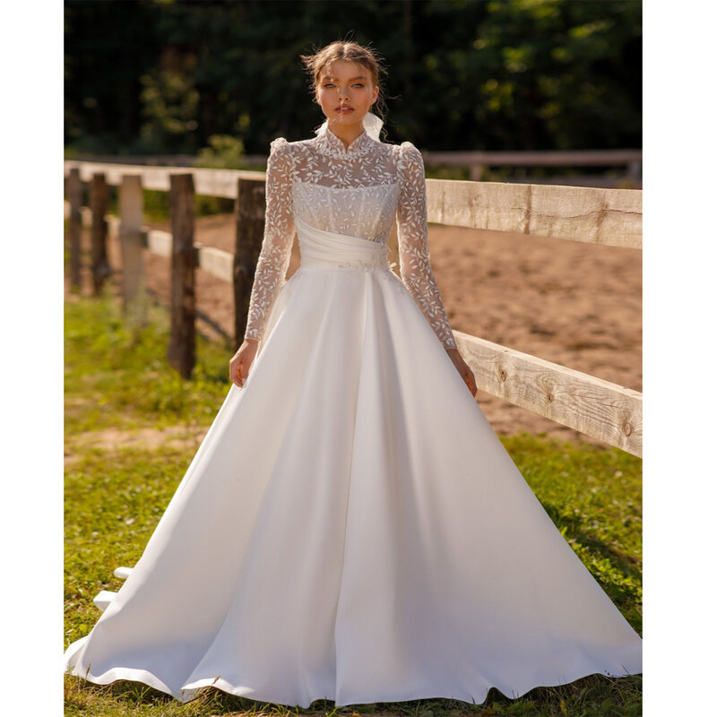 Gaun pengantin wanita permukaan Satin selebriti gaun pernikahan motif Floral renda Formal 2024 panjang mengepel pesta gaun pengantin wanita