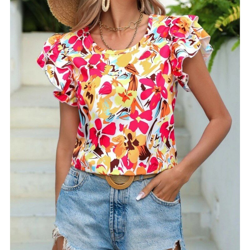Женская блузка летняя Модная рубашка с цветочным принтом топы с цветами женские футболки шифоновые футболки женские блузки