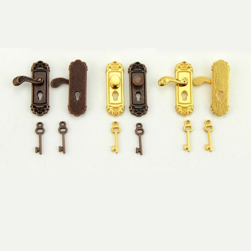 1:12 DIY Pretend Play Toy Knobs Keys Set Bronze Miniature Door Handles Gold with Keyhole Doll House Accessories Party