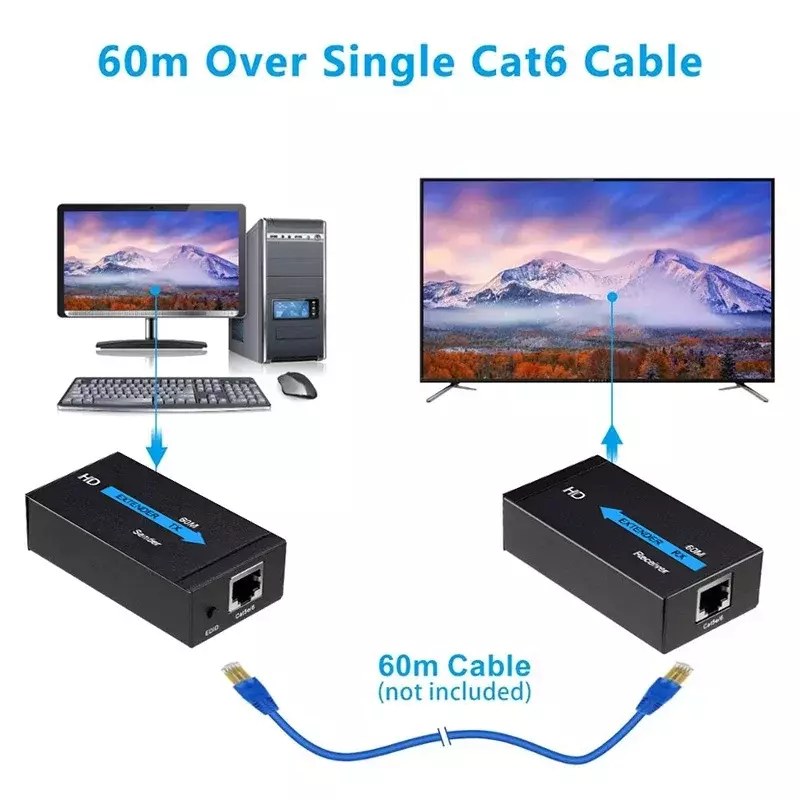 Kabel Ethernet 1080p 60M HDMI Rj45 Extender pemancar Video Audio dan penerima melalui Cat5e CAT6 untuk DVD Laptop PC ke TV Monitor
