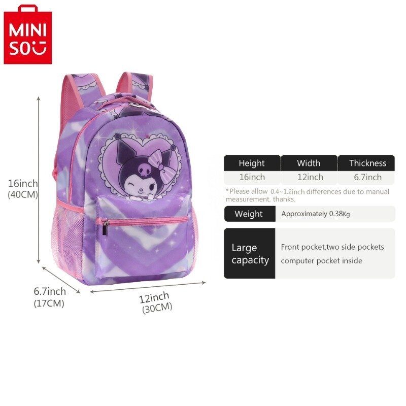 MINISO San Liou tas punggung kartun Kuromi Anime, tas punggung minimalis kapasitas besar, Penyimpanan kasual untuk anak-anak