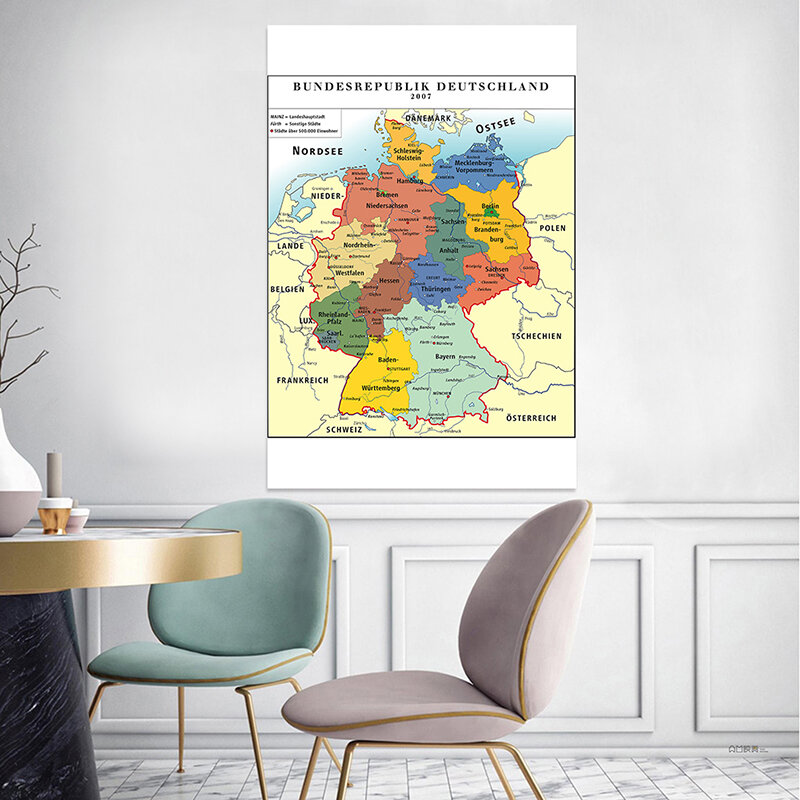 100*150cm The Germany Administrative Map In German Unframed Canvas Painting Wall Art Poster Living Room Home Decoration