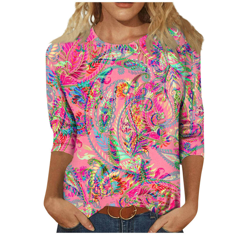 Blusa informal con estampado Floral para verano, camisa de manga con cuello redondo tres cuartos, estilo Y2k, 2024