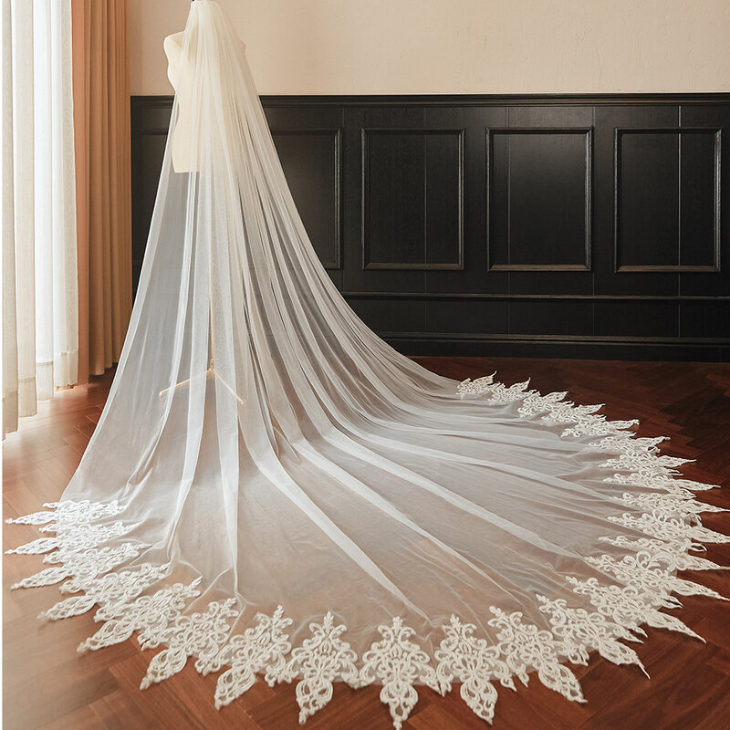 حجاب زفاف من الدانتيل الطويل مع مشط ، إكسسوارات زفاف ، عرائس عتيقة V ، صور حقيقية ، طبقة واحدة ، متر