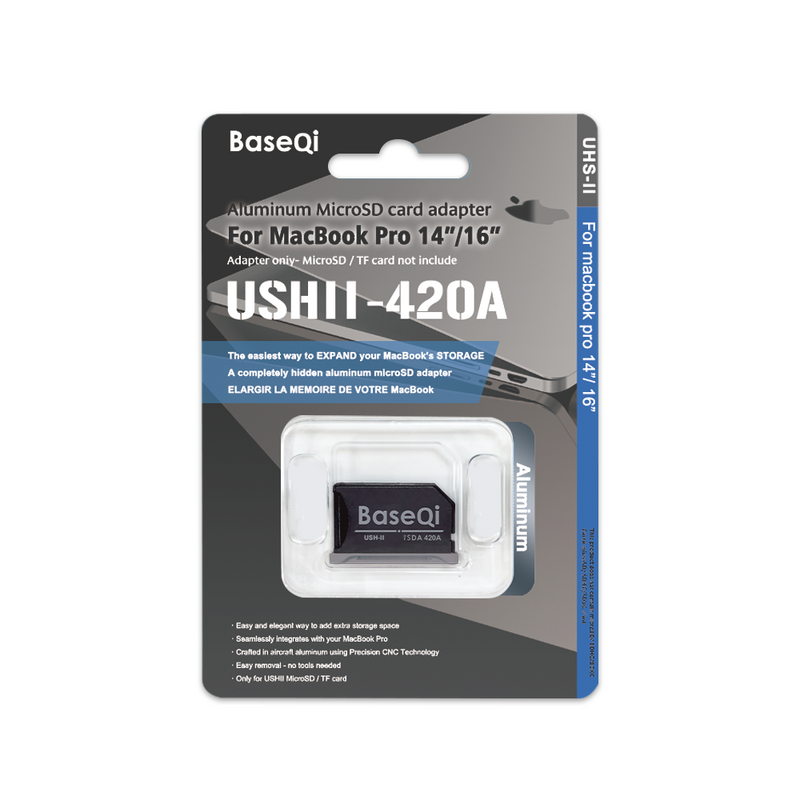 BaseQi-Alumínio Invisible Drive, Micro SD, adaptador TF para MacBook Pro Retina, cinza, leitor de cartão SD, 14 polegadas, 16 polegadas, 420AG