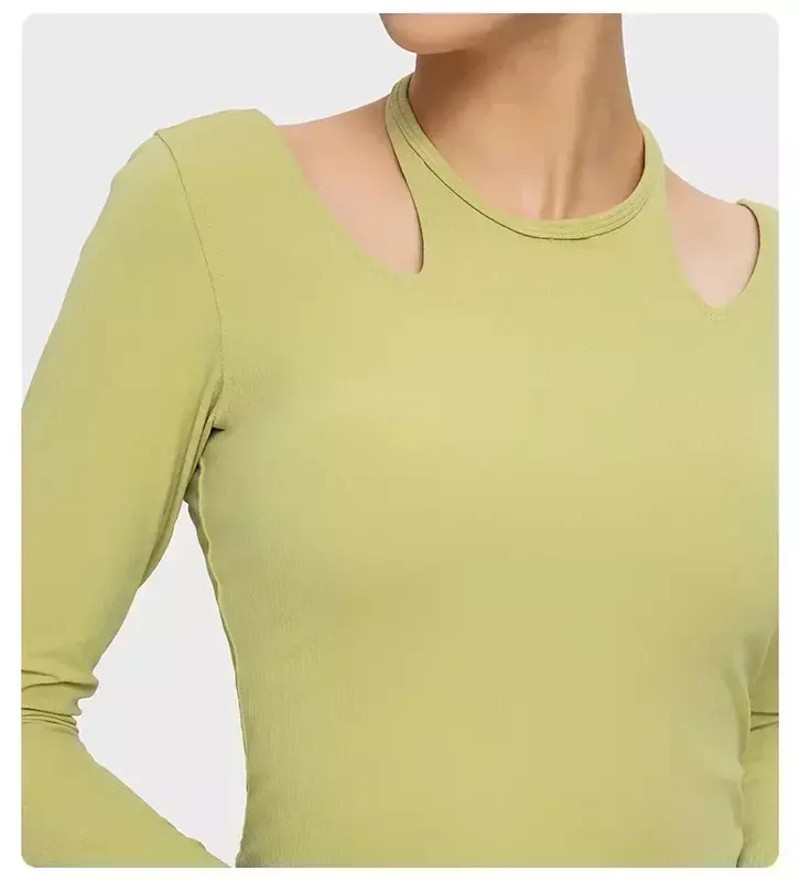Lemon-Camiseta de Yoga de manga larga con cuello Halter para mujer, camisa de tela acanalada elástica con cuello Halter en forma de U, Camiseta deportiva para Fitness, Top de Fitness