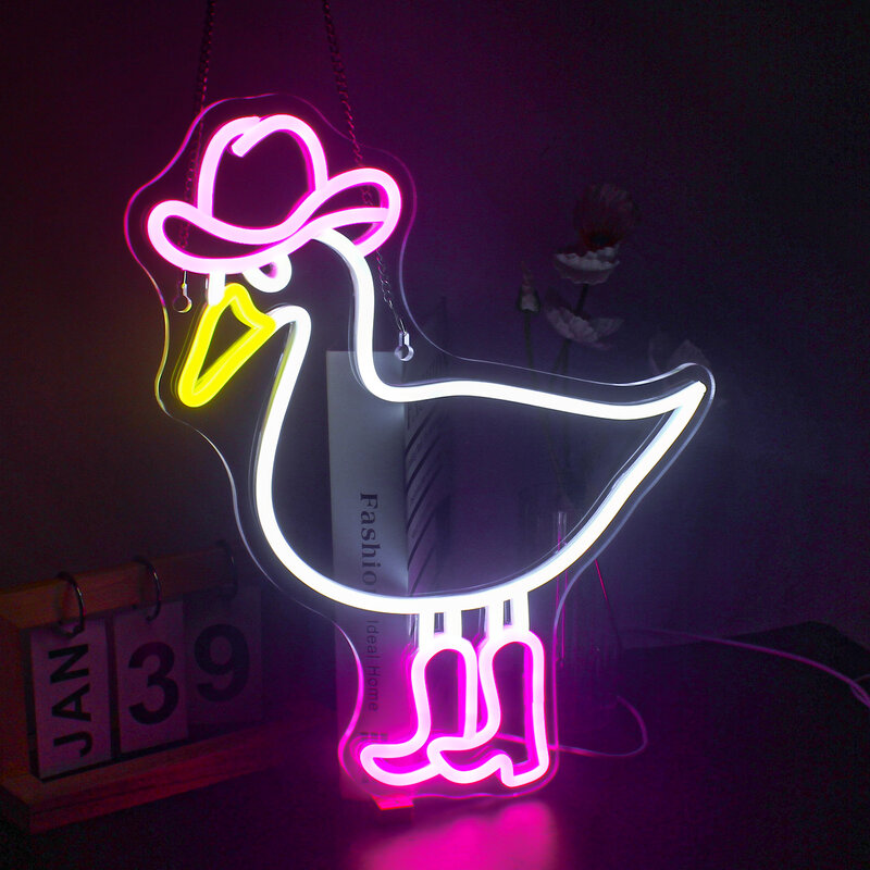Letreros LED de neón para decoración de habitación, cartel de pato vaquero blanco y rosa con botas para decoración de dormitorio, hogar, Bar, Niña y niño, arte de pared Acrílico