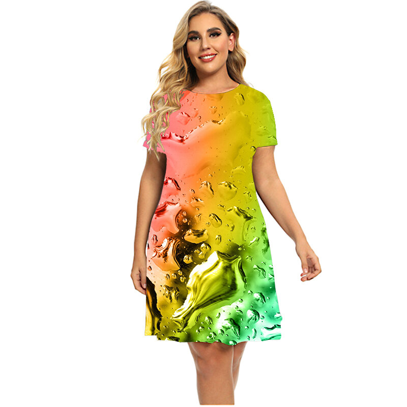 Mini robe colorée pour femmes, tenue colorée, teinture par nouage, décontractée, ample, mode, nouveau motif imprimé 3D, manches courtes, grande taille, été