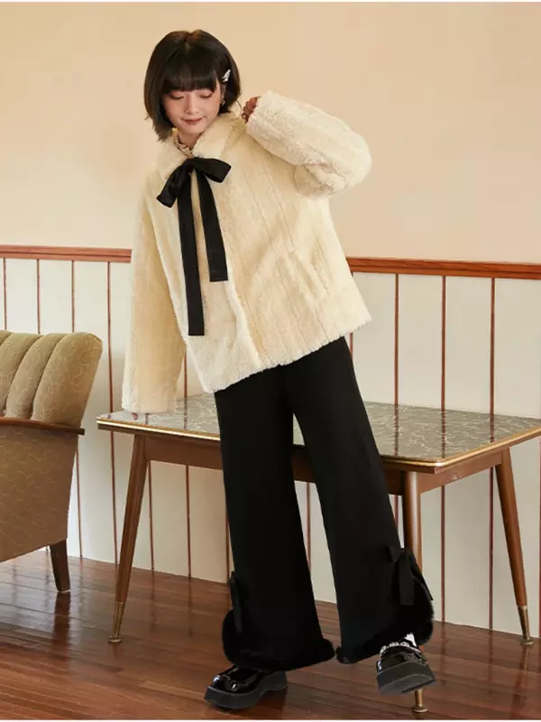 Calça japonesa kawaii feminina casual lolita, estilo coreano, calça de pelúcia quente, laço feminino solto, calça de pernas largas, inverno, 2023