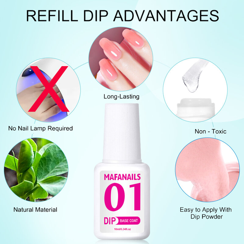 10ML Dipping Powder System Essential Set with Base Coat/Top Coat/Activator/Brush Saver Manicure Gel Polish No Nail Lamp Needed #