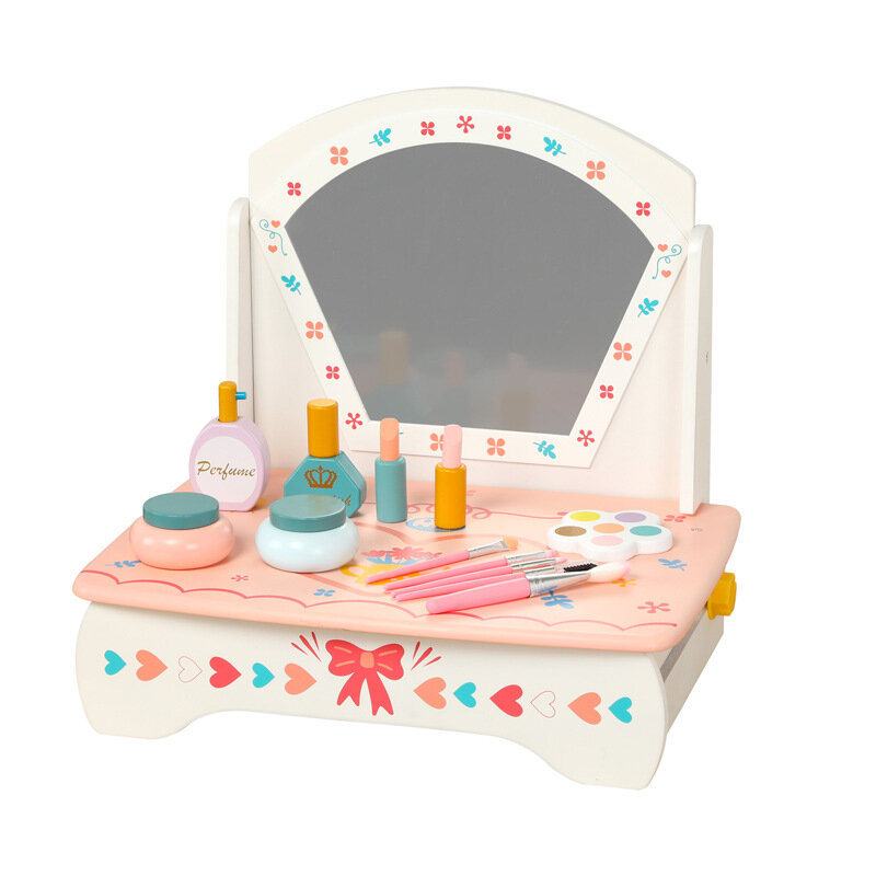 Składany makijaż toaletka zabawki dla dziewczynek drewniana symulacja zestaw kosmetyczny dla dzieci dzieci bawiące się domek z drewna szminką