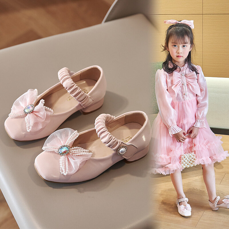 Children's High Heels Spring New Fashion Anti-slip Little Kids Princess Dance Party Shoes Western Style Crystal Bow Girls Shoes