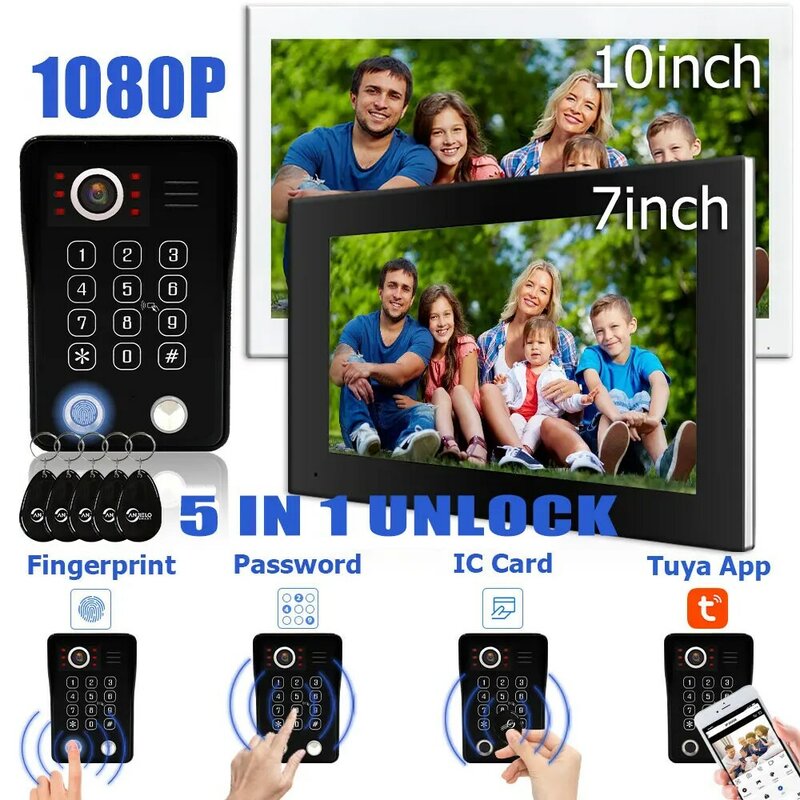 Odcisk palca 5 w1 odblokowanie wideodomofon domofonu Wifi do domu Tuya Smart 1080P ochrona Monitor dotykowy