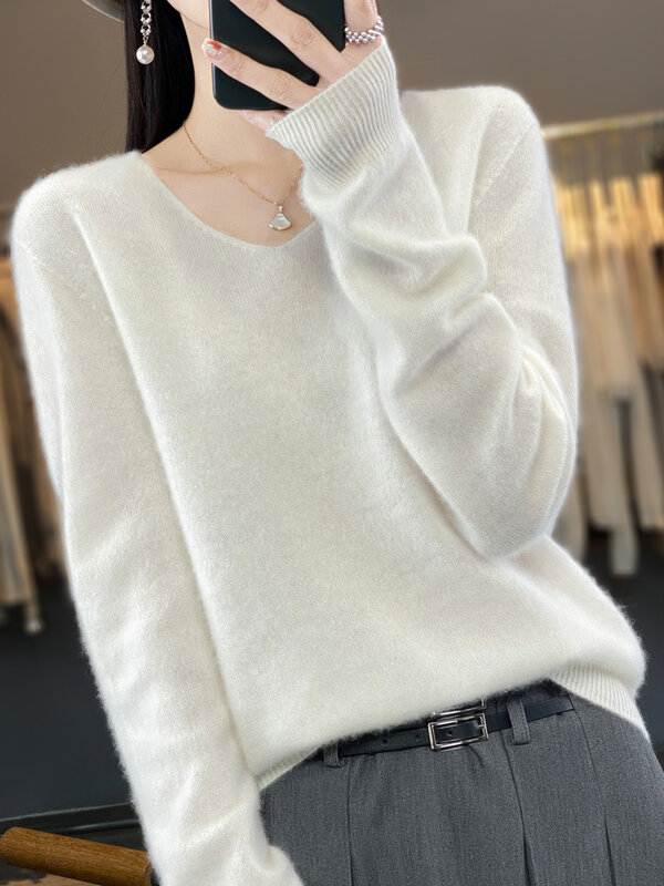 Aliselect Fashion 100% Merino Sweater wol wanita V-Neck lengan panjang Jumper Dasar musim semi musim gugur pakaian musim dingin atasan rajut