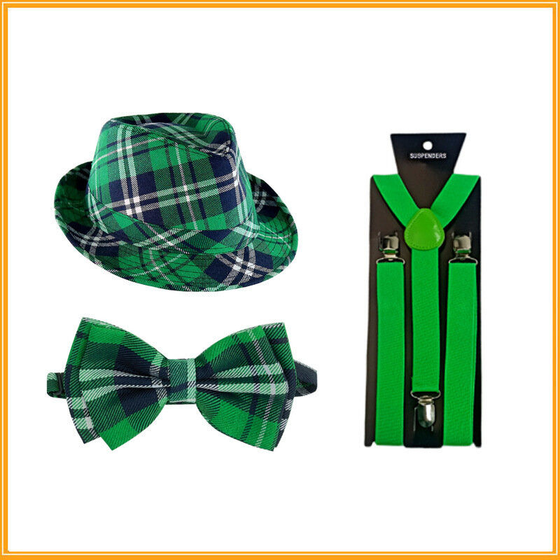 Accesorios de disfraz del Día de San Patricio del Festival irlandés, conjunto de 3 piezas, sombrero a cuadros verdes, liguero Shamrock con lazo