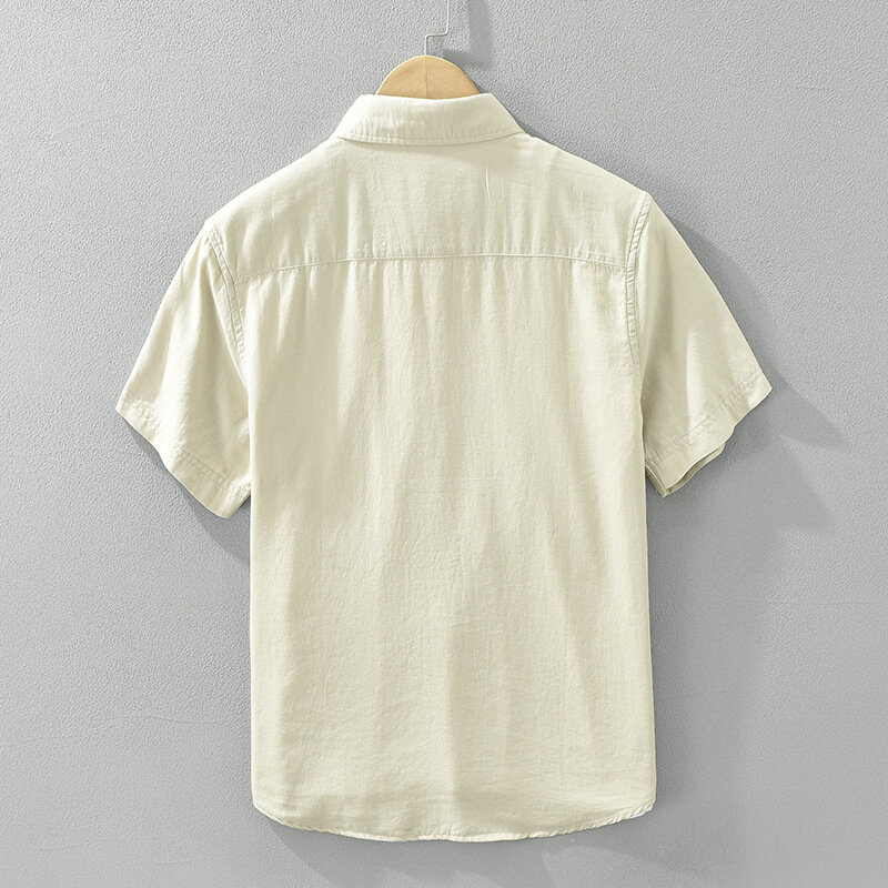 Camisa japonesa de manga corta para hombre, camisa informal con solapa y bolsillos dobles, 100% algodón, color albaricoque, moda juvenil, Verano