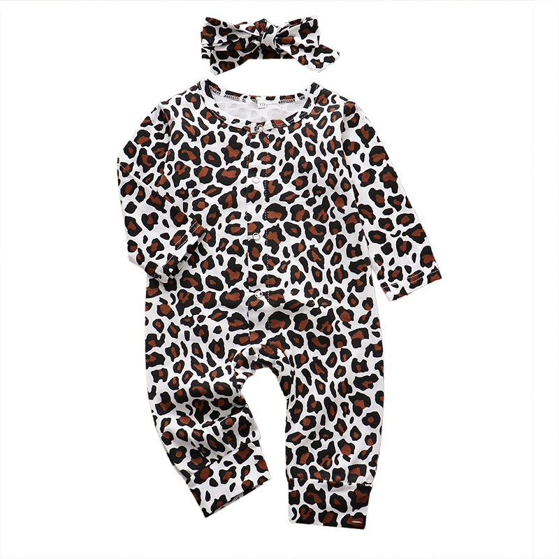 Bebê recém-nascido Leopardo Imprimir Conjunto Macacão Manga Longa, Bonito Romper Roupas, Em Torno Do Pescoço Headband, Roupas Corporais