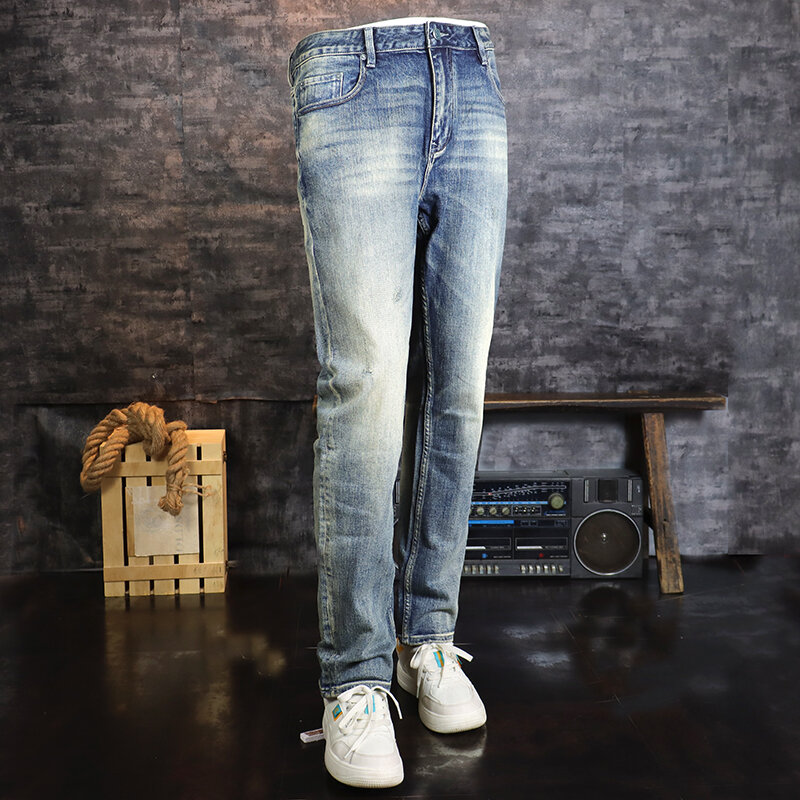 Jeans pria sobek pas badan biru Retro, celana Denim celana panjang Vintage pria desainer baru