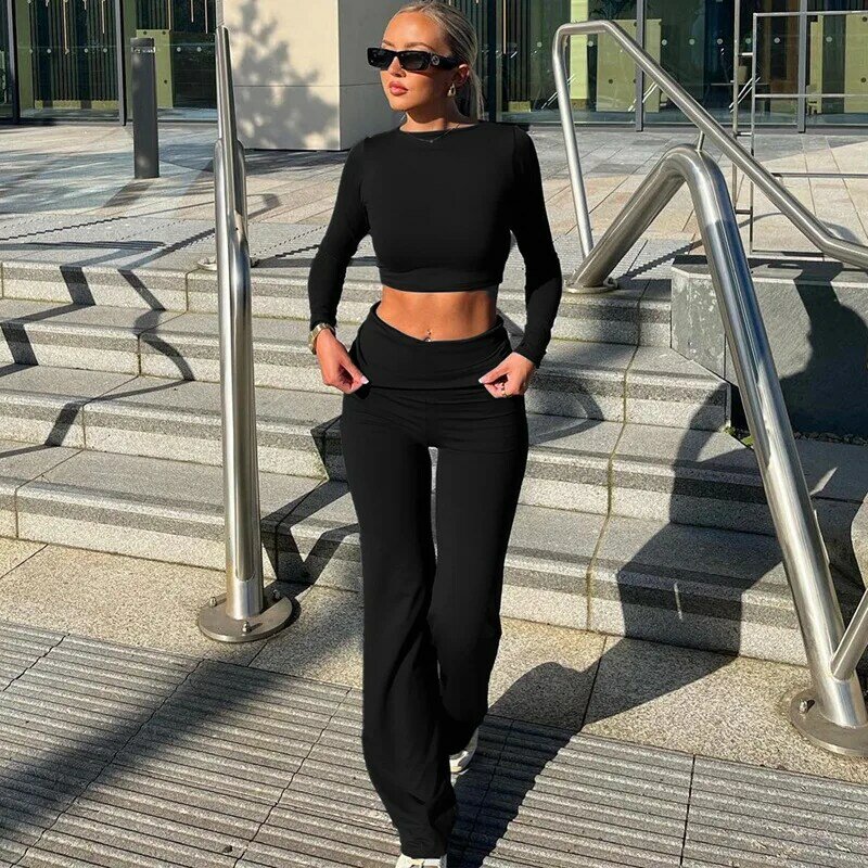 Causal Bodycon Suits Flare Yoga Pants Women Long Sleeve Leisure Slim Crop Tops Spring Sexy Fashion Vintage Set Solid Clothing