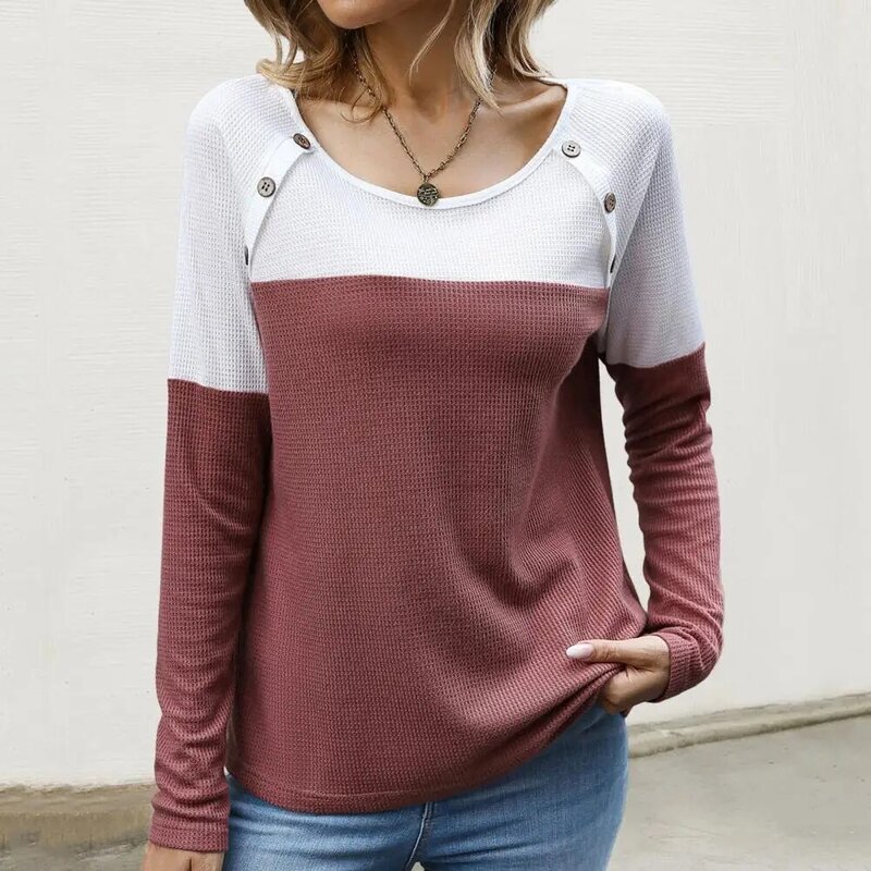 Women T-shirt Loose Lady Top Colorblock Long Sleeve Knit Round Neck Soft Pullover Stylish Women's Fall/spring T-shirt for Daily