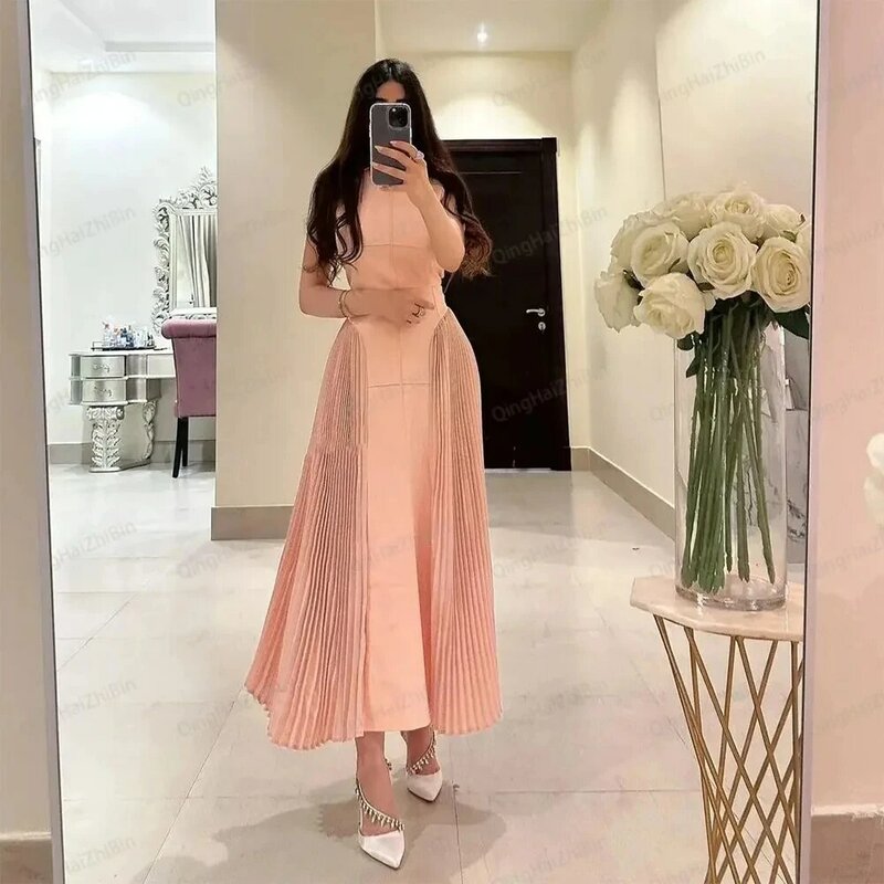 Oisslec Dubai Saudi Arabia Ankle Length Prom Dresses Women Wear Crew Neck Sleeveless Pleats Birthday Party Robes Cocktail Dress
