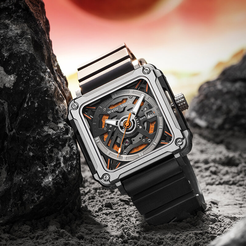 Vierkant horloge uit de Interstellar-serie van Welly Merck, automatisch, mechanisch, van roestvrij staal, waterdicht, voor mannen, met saffier