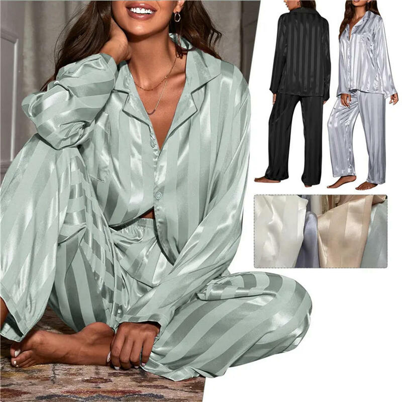FjinjSatin-Ensemble pyjama à rayures pour femmes, haut à manches longues, vêtements de nuit décontractés, vêtements de nuit pour femmes, été, printemps