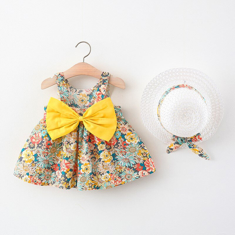 2 Stück Sets Sommer Kleinkind Mädchen Kleidung koreanische Mode Blumen niedlichen Bogen ärmellose Prinzessin Baby Kleider Sonnenhut Kinder Kleid bc136
