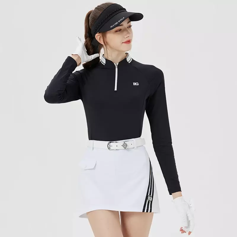 Blktee-Falda de tubo de Golf a rayas para mujer, ropa deportiva de secado rápido, línea A, Tops ajustados de manga larga, camisa de ocio con cuello levantado