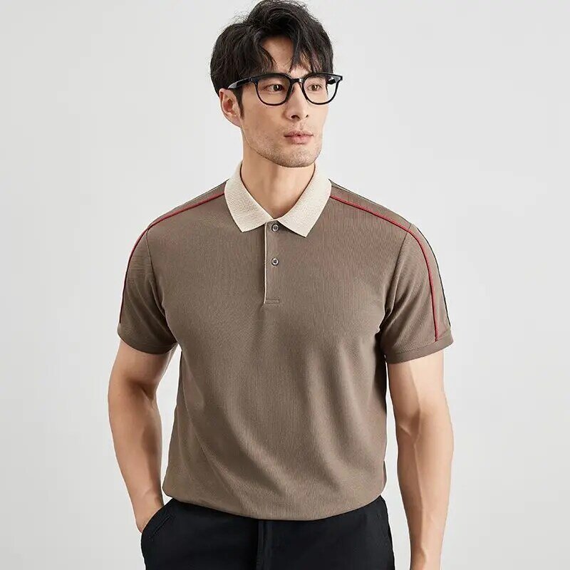 Polo de manga curta masculino, lapela coreana, fina, respirável, algodão, tops de conforto, casual, simplicidade, negócios, monocromática, verão