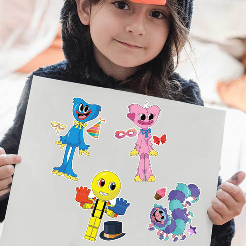 Cartoon Play time Puzzle Stickers Jogo para Crianças, Engraçado Montar Jigsaw, Brinquedos Educativos DIY, Presentes de Festa para Crianças, 8 Folhas, 16 Folhas