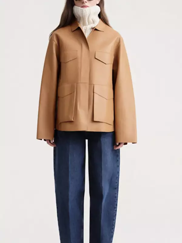 Casaco de couro sintético feminino, jaqueta virada para baixo, bolsos com zíper, estilo safari, outono