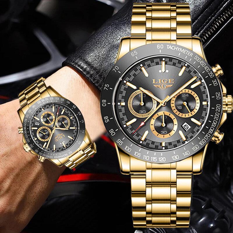 LIGE 골드 남성용 스테인리스 스틸 시계, 최고 품질 럭셔리 비즈니스 쿼츠 시계, 방수 발광 날짜 주간 스포츠 손목시계