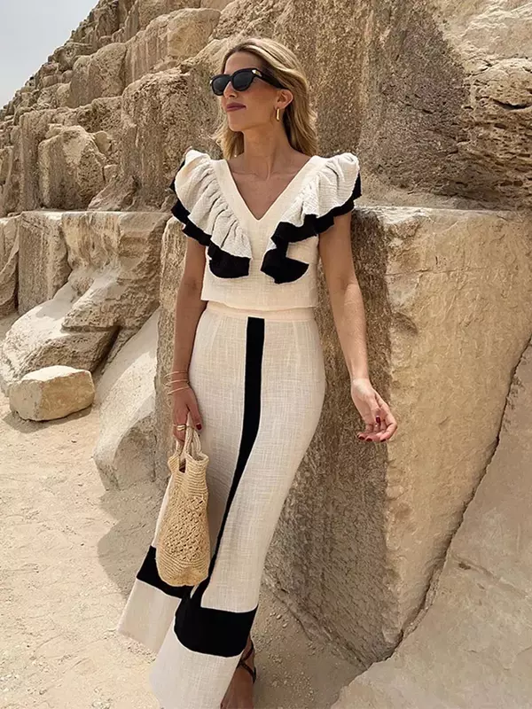 Elegant Contrasting High Waist Women Midi Skirt Set Patchwork V Neck Sexy Backless Ruffles Crop Suit Summer Lady Holiday Outfits