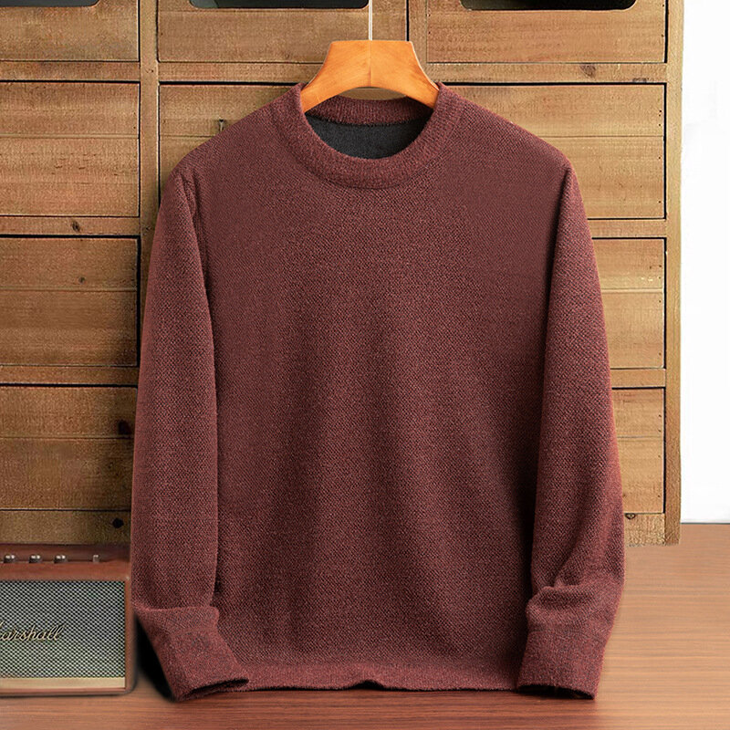 Autumn Winter Men's Round Neck Solid Flocking Screw Thread Formal Lantern Long Sleeved Sweater Knitted Bottom Casual Loose Tops