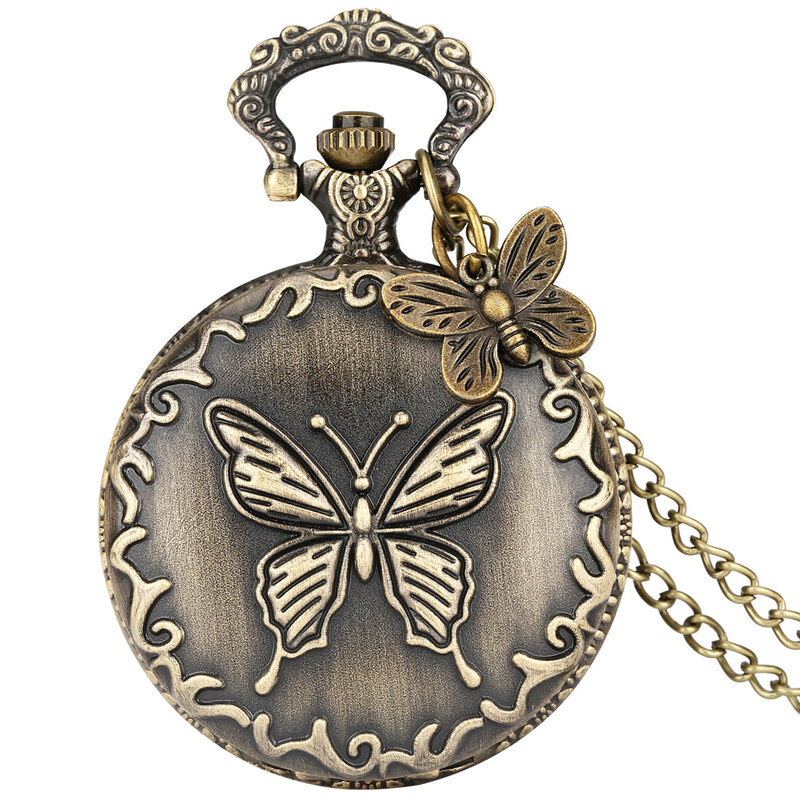 Bronzen Vlinder Halsketting Horloge Quartz Analoge Hanger Ketting Pocket Klok Vintage Elegant Pocket Uurwerk Cadeau Unisex