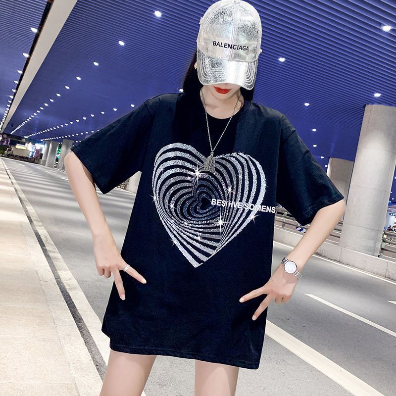 Женская одежда, свободные пуловеры в Корейском стиле, модная повседневная футболка с коротким рукавом и круглым вырезом в форме сердца, со стразами, лето 2024