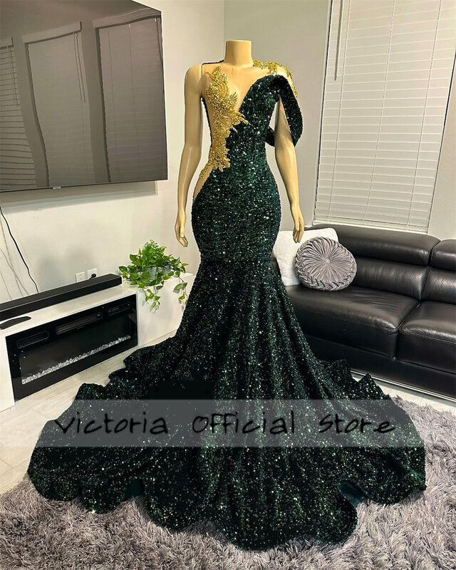 Dark Green Velvet Sequin Off The Shoulder Golden Rhinestone Prom Dresses 2024 Black Women Diamonds Mermaid Prom Gala Dress
