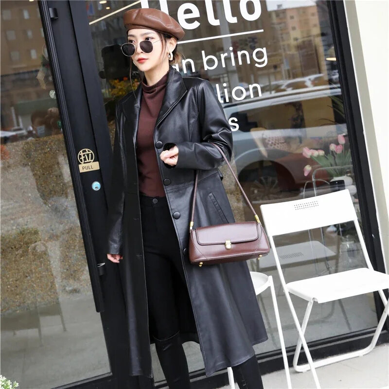 여성용 긴 트렌치 코트, 진짜 가죽 양가죽 재킷, 자케타 여성 아웃웨어, 2024 용수철 신제품