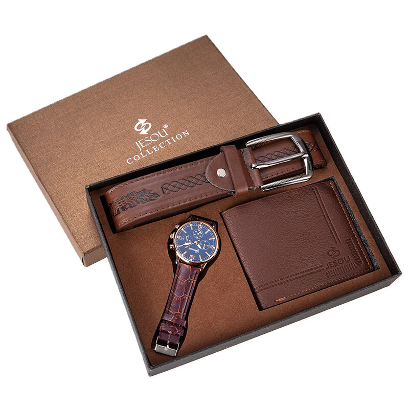 Zestaw 3 szt. Męski komplet luksusowy zegarek kwarcowy w stylu Vintage brązowy skórzany pasek mieści portfel zestaw upominkowy dla chłopaka taty dropshipping