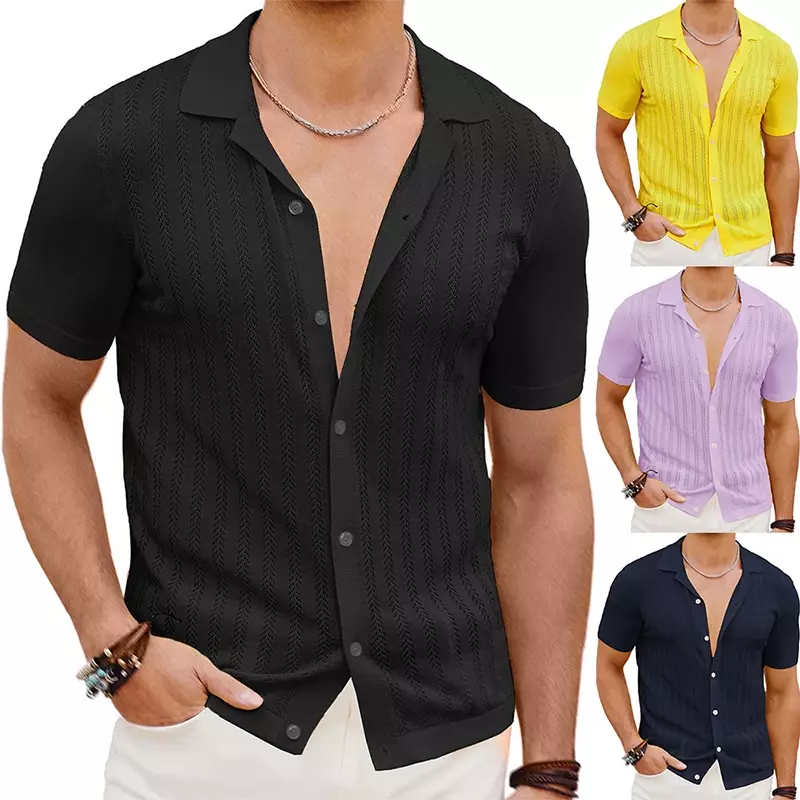 Summer Men's Casual Knitted Cardigan Solid Color Short Sleeve Hollow Breathable Button Lapel Shirt Business Work Shirt S-3XL