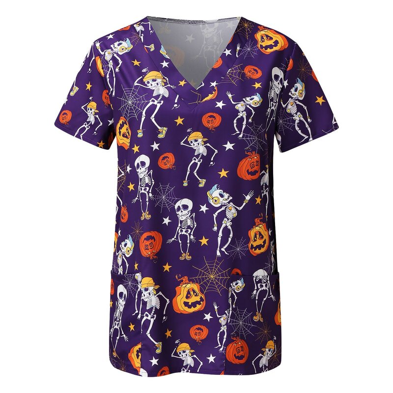 Vrouwen Korte Mouw Scrub Tops Halloween T-shirt V-hals Tops Werken Blouse Leuke Zomer Schoonheidssalon Verpleegster Uniform Kleding