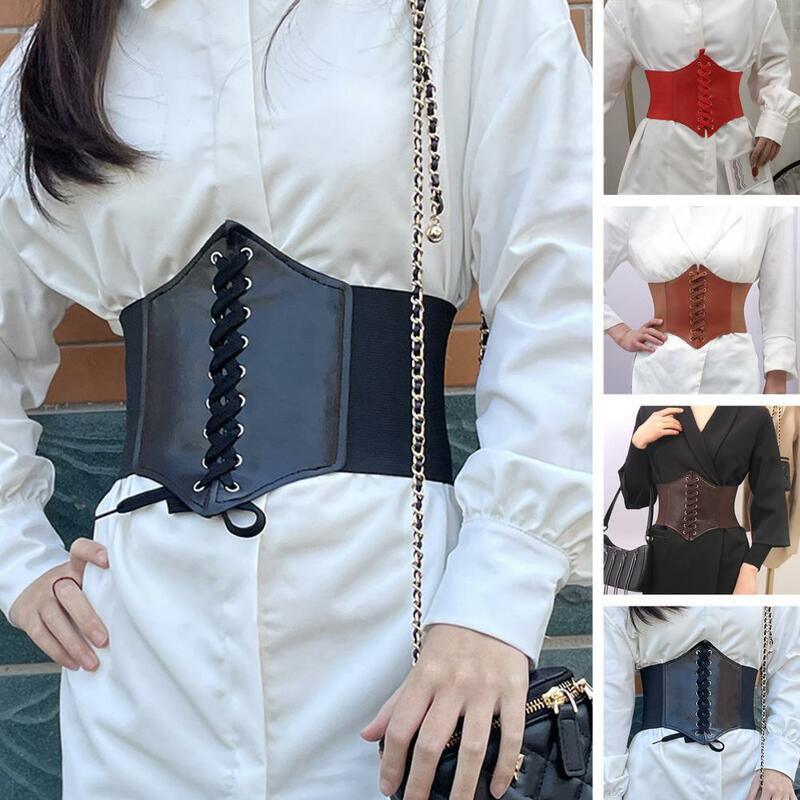 Chic Women Corset Comfy Body Waistband Solid Color Imitation Leather Wide Corset Belt  Decorative